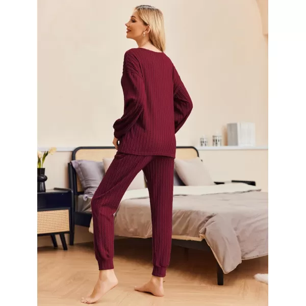 Ekouaer Pajamas Womens Ribbed Knit 2 Piece Matching Lounge Sets Long Sleeve Pullover Top and Pants Sleepwear Tracksuit SXXLWine