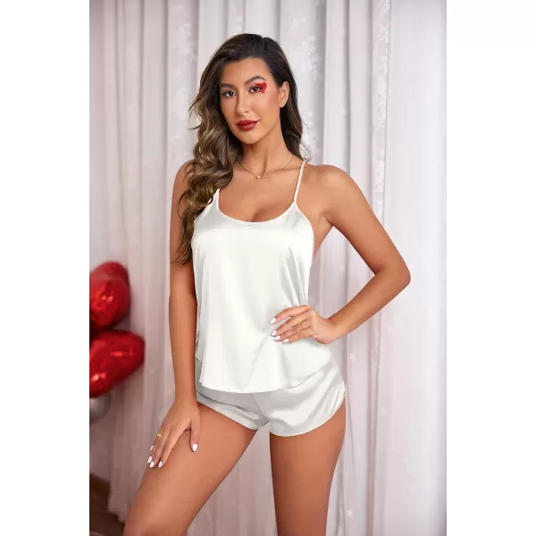 Ekouaer Pajamas Womens Sexy Lingerie Satin Sleepwear Silk Cami Shorts Set Soft Sleep Pjs 2 Piece Nightwear GiftWhite