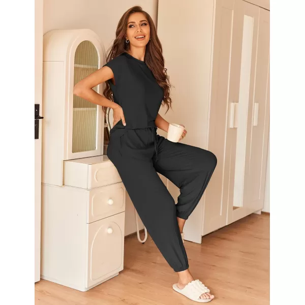 Ekouaer Pajamas for Women 2 Piece Lounge Sets Cap Sleeve Loungewear Top with Joggers Pants SXXLAblack