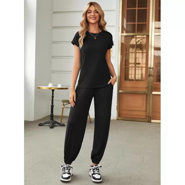 Ekouaer Pajamas for Women 2 Piece Lounge Sets Cap Sleeve Loungewear Top with Joggers Pants SXXLAblack