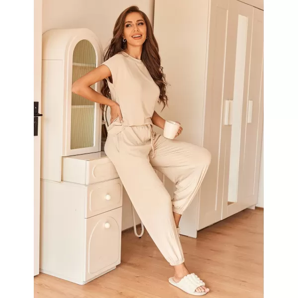 Ekouaer Pajamas for Women 2 Piece Lounge Sets Cap Sleeve Loungewear Top with Joggers Pants SXXLBeige