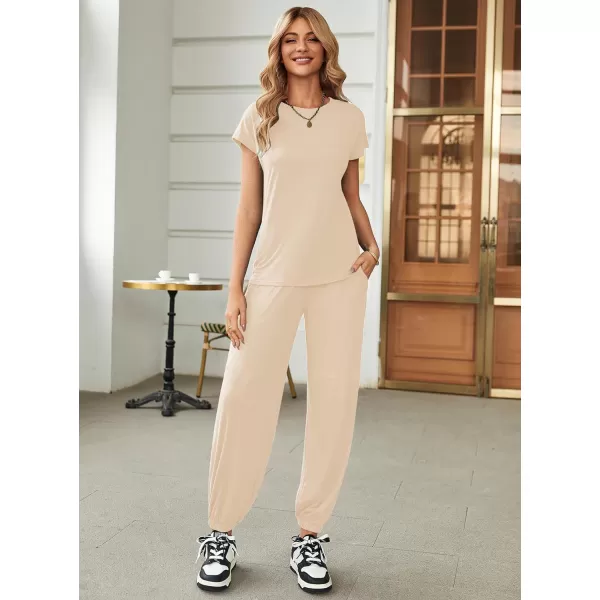 Ekouaer Pajamas for Women 2 Piece Lounge Sets Cap Sleeve Loungewear Top with Joggers Pants SXXLBeige