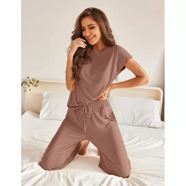 Ekouaer Pajamas for Women 2 Piece Lounge Sets Cap Sleeve Loungewear Top with Joggers Pants SXXLBrown