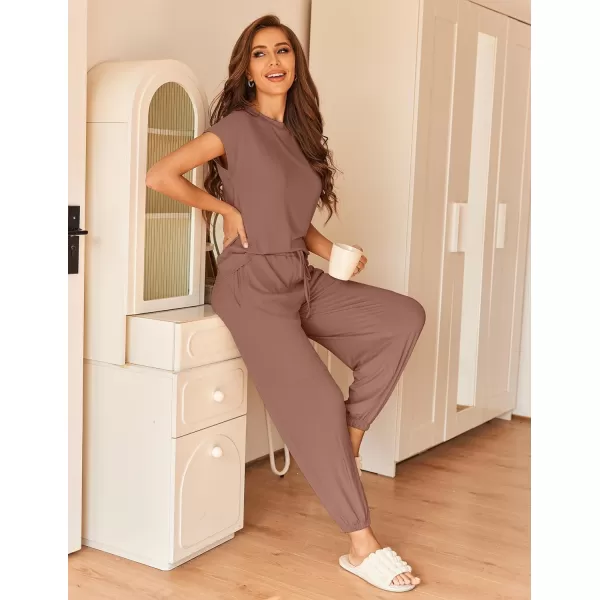 Ekouaer Pajamas for Women 2 Piece Lounge Sets Cap Sleeve Loungewear Top with Joggers Pants SXXLBrown