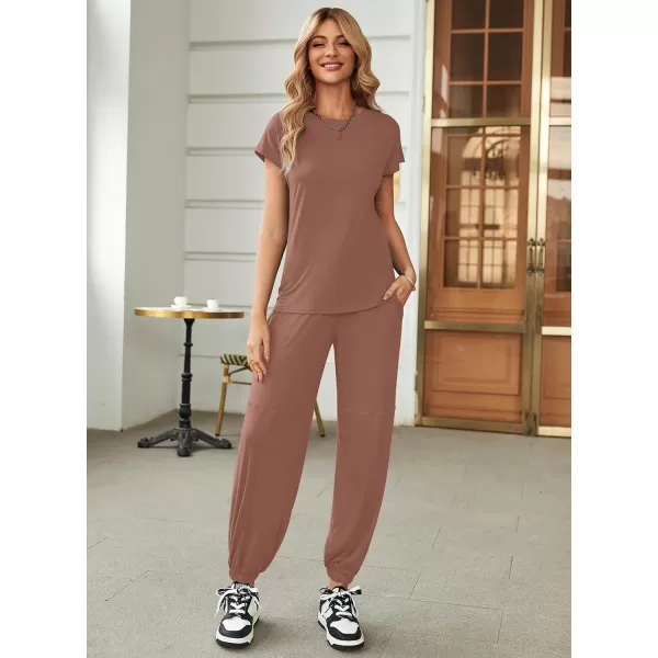 Ekouaer Pajamas for Women 2 Piece Lounge Sets Cap Sleeve Loungewear Top with Joggers Pants SXXLBrown