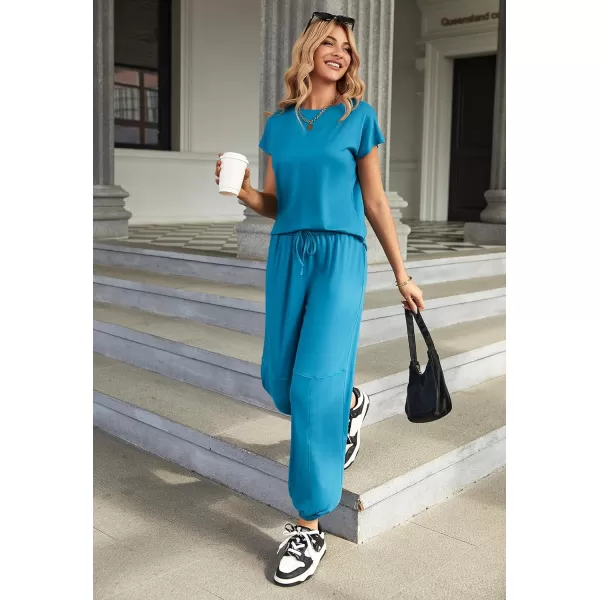Ekouaer Pajamas for Women 2 Piece Lounge Sets Cap Sleeve Loungewear Top with Joggers Pants SXXLLake Blue