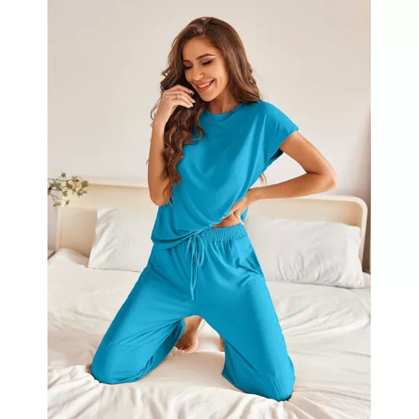 Ekouaer Pajamas for Women 2 Piece Lounge Sets Cap Sleeve Loungewear Top with Joggers Pants SXXLLake Blue