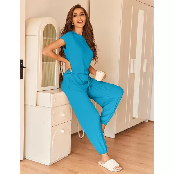 Ekouaer Pajamas for Women 2 Piece Lounge Sets Cap Sleeve Loungewear Top with Joggers Pants SXXLLake Blue