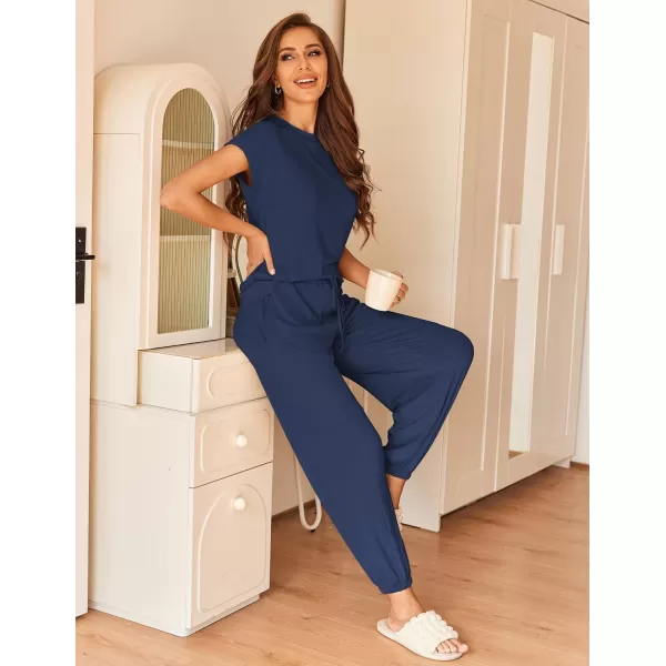 Ekouaer Pajamas for Women 2 Piece Lounge Sets Cap Sleeve Loungewear Top with Joggers Pants SXXLNavy