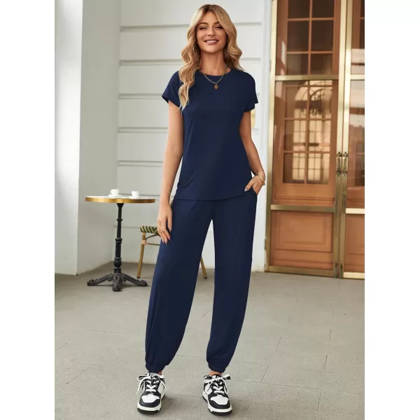 Ekouaer Pajamas for Women 2 Piece Lounge Sets Cap Sleeve Loungewear Top with Joggers Pants SXXLNavy