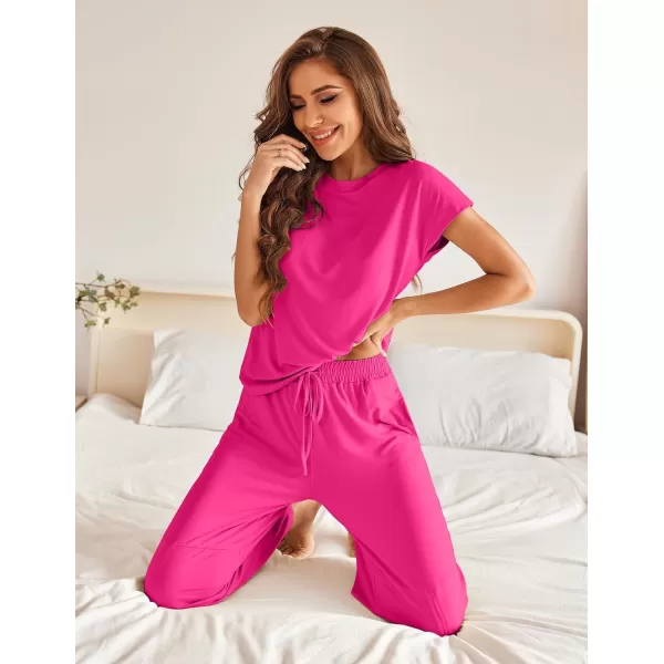 Ekouaer Pajamas for Women 2 Piece Lounge Sets Cap Sleeve Loungewear Top with Joggers Pants SXXLRose Red