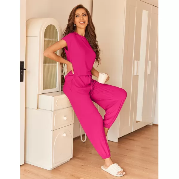 Ekouaer Pajamas for Women 2 Piece Lounge Sets Cap Sleeve Loungewear Top with Joggers Pants SXXLRose Red