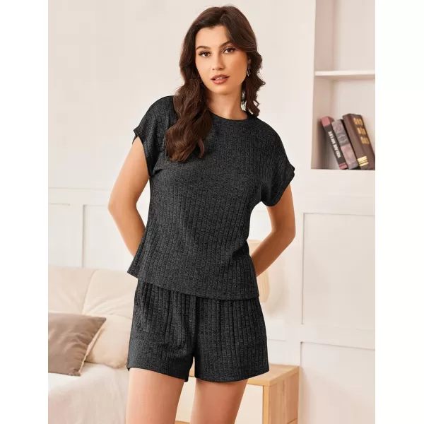 Ekouaer Pajamas for Women Ribbed Knit Lounge Set Cap Sleeve Top and Shorts Loungewear Sleepwear with Pockets SXXLBlack