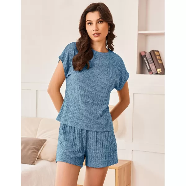 Ekouaer Pajamas for Women Ribbed Knit Lounge Set Cap Sleeve Top and Shorts Loungewear Sleepwear with Pockets SXXLBlue
