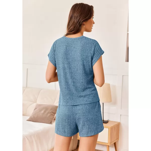 Ekouaer Pajamas for Women Ribbed Knit Lounge Set Cap Sleeve Top and Shorts Loungewear Sleepwear with Pockets SXXLBlue