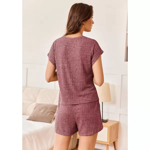 Ekouaer Pajamas for Women Ribbed Knit Lounge Set Cap Sleeve Top and Shorts Loungewear Sleepwear with Pockets SXXLBurgundy