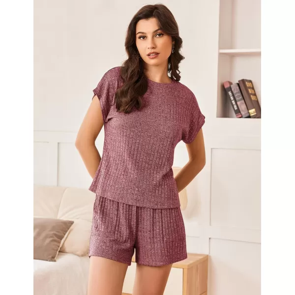 Ekouaer Pajamas for Women Ribbed Knit Lounge Set Cap Sleeve Top and Shorts Loungewear Sleepwear with Pockets SXXLBurgundy