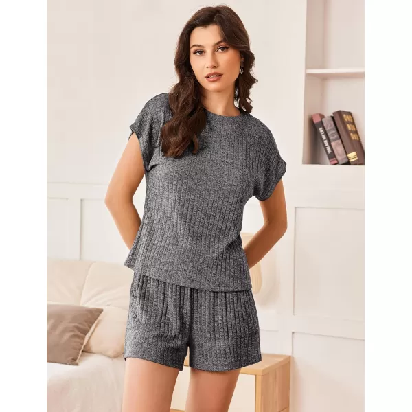 Ekouaer Pajamas for Women Ribbed Knit Lounge Set Cap Sleeve Top and Shorts Loungewear Sleepwear with Pockets SXXLDark Gray