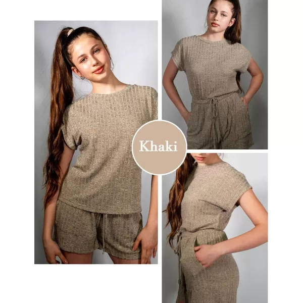 Ekouaer Pajamas for Women Ribbed Knit Lounge Set Cap Sleeve Top and Shorts Loungewear Sleepwear with Pockets SXXLKhaki