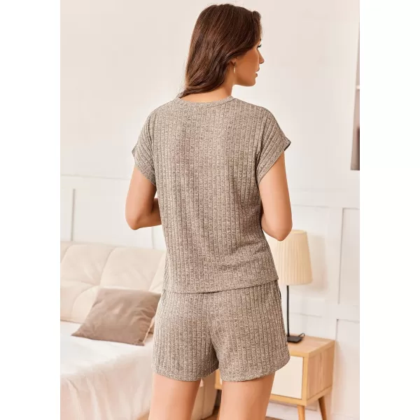 Ekouaer Pajamas for Women Ribbed Knit Lounge Set Cap Sleeve Top and Shorts Loungewear Sleepwear with Pockets SXXLKhaki