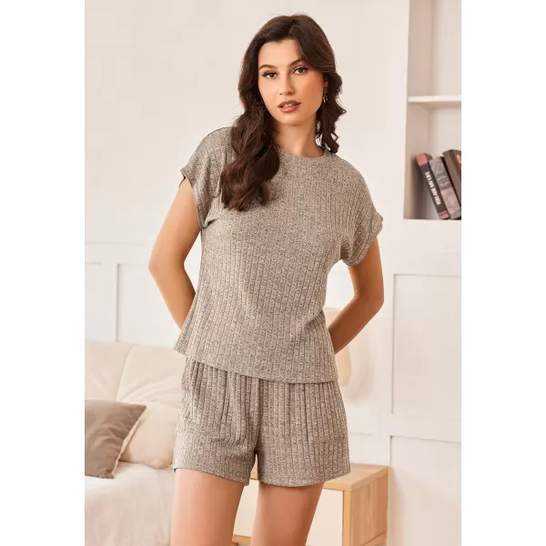 Ekouaer Pajamas for Women Ribbed Knit Lounge Set Cap Sleeve Top and Shorts Loungewear Sleepwear with Pockets SXXLKhaki