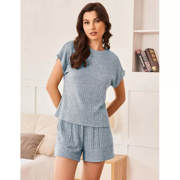 Ekouaer Pajamas for Women Ribbed Knit Lounge Set Cap Sleeve Top and Shorts Loungewear Sleepwear with Pockets SXXLLight Blue