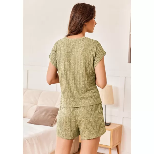 Ekouaer Pajamas for Women Ribbed Knit Lounge Set Cap Sleeve Top and Shorts Loungewear Sleepwear with Pockets SXXLLight Green