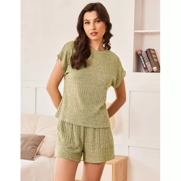 Ekouaer Pajamas for Women Ribbed Knit Lounge Set Cap Sleeve Top and Shorts Loungewear Sleepwear with Pockets SXXLLight Green