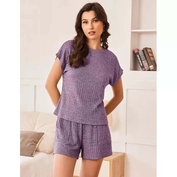 Ekouaer Pajamas for Women Ribbed Knit Lounge Set Cap Sleeve Top and Shorts Loungewear Sleepwear with Pockets SXXLPurple