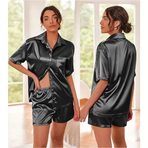 Ekouaer Pajamas for Women Silk Soft Sleepwear Short Sleeve Button Down Pjs Satin Top and Shorts 2 Piece Lounge Set SXXLBlack