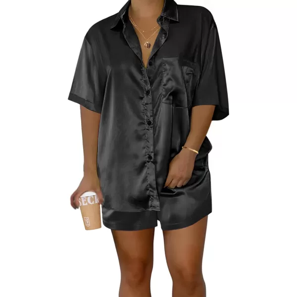 Ekouaer Pajamas for Women Silk Soft Sleepwear Short Sleeve Button Down Pjs Satin Top and Shorts 2 Piece Lounge Set SXXLBlack