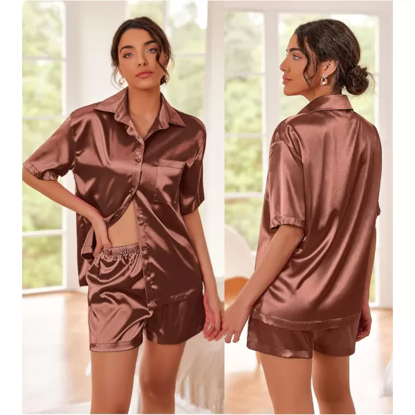 Ekouaer Pajamas for Women Silk Soft Sleepwear Short Sleeve Button Down Pjs Satin Top and Shorts 2 Piece Lounge Set SXXLBrown