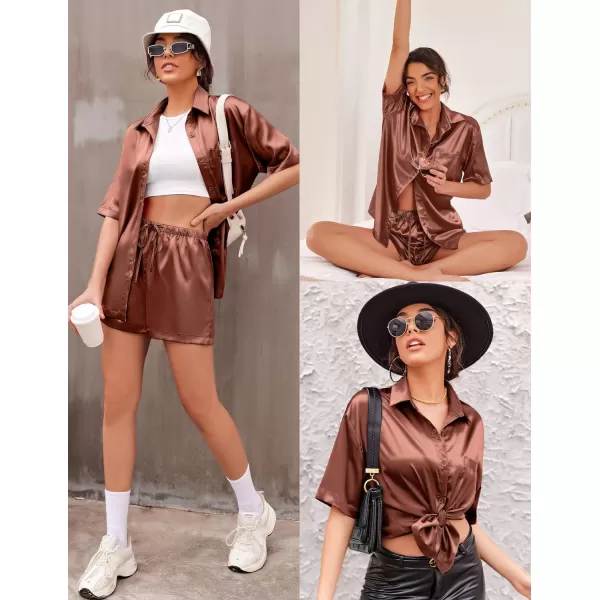 Ekouaer Pajamas for Women Silk Soft Sleepwear Short Sleeve Button Down Pjs Satin Top and Shorts 2 Piece Lounge Set SXXLBrown