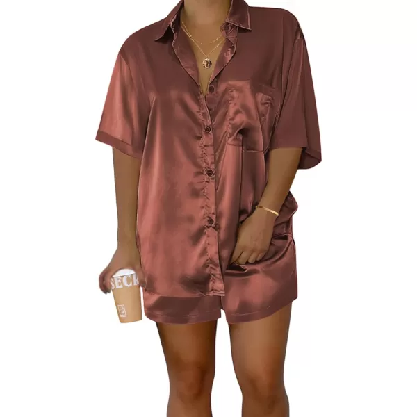 Ekouaer Pajamas for Women Silk Soft Sleepwear Short Sleeve Button Down Pjs Satin Top and Shorts 2 Piece Lounge Set SXXLBrown