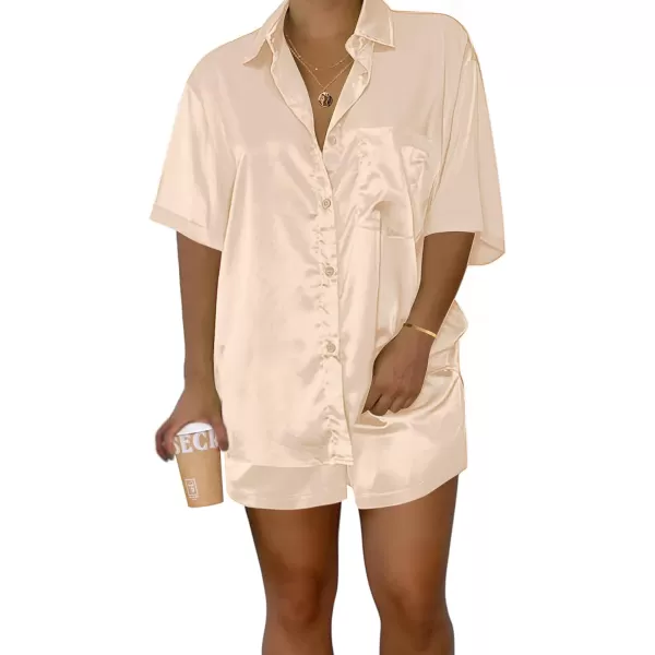 Ekouaer Pajamas for Women Silk Soft Sleepwear Short Sleeve Button Down Pjs Satin Top and Shorts 2 Piece Lounge Set SXXLChampagne
