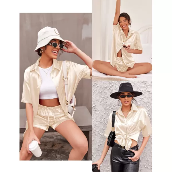 Ekouaer Pajamas for Women Silk Soft Sleepwear Short Sleeve Button Down Pjs Satin Top and Shorts 2 Piece Lounge Set SXXLChampagne