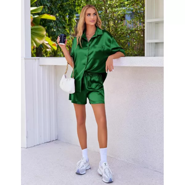 Ekouaer Pajamas for Women Silk Soft Sleepwear Short Sleeve Button Down Pjs Satin Top and Shorts 2 Piece Lounge Set SXXLDark Green