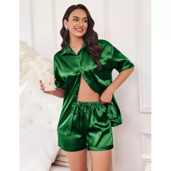 Ekouaer Pajamas for Women Silk Soft Sleepwear Short Sleeve Button Down Pjs Satin Top and Shorts 2 Piece Lounge Set SXXLDark Green