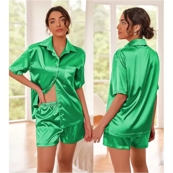 Ekouaer Pajamas for Women Silk Soft Sleepwear Short Sleeve Button Down Pjs Satin Top and Shorts 2 Piece Lounge Set SXXLGreen