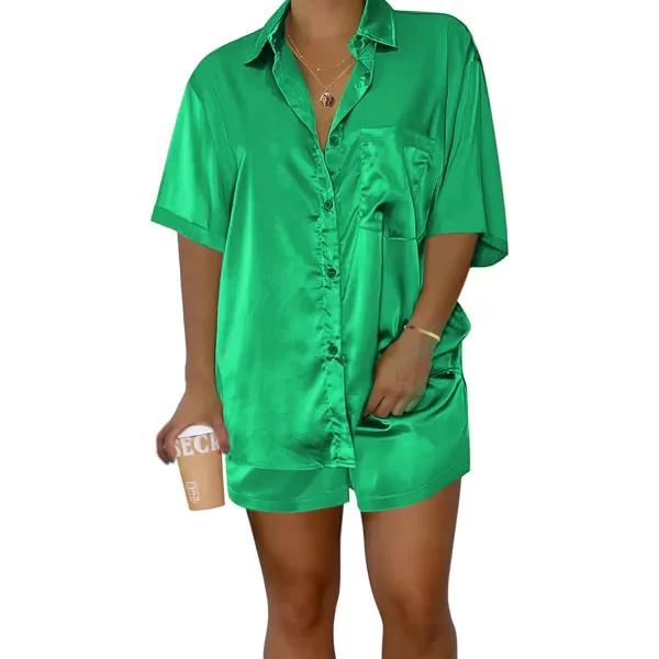 Ekouaer Pajamas for Women Silk Soft Sleepwear Short Sleeve Button Down Pjs Satin Top and Shorts 2 Piece Lounge Set SXXLGreen