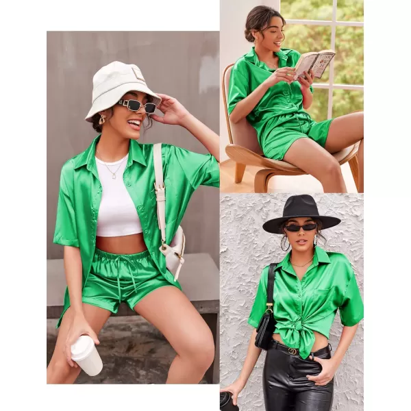 Ekouaer Pajamas for Women Silk Soft Sleepwear Short Sleeve Button Down Pjs Satin Top and Shorts 2 Piece Lounge Set SXXLGreen