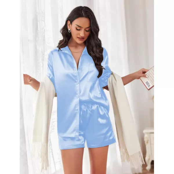 Ekouaer Pajamas for Women Silk Soft Sleepwear Short Sleeve Button Down Pjs Satin Top and Shorts 2 Piece Lounge Set SXXLLight Blue