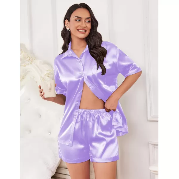 Ekouaer Pajamas for Women Silk Soft Sleepwear Short Sleeve Button Down Pjs Satin Top and Shorts 2 Piece Lounge Set SXXLLilac