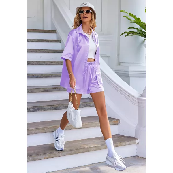 Ekouaer Pajamas for Women Silk Soft Sleepwear Short Sleeve Button Down Pjs Satin Top and Shorts 2 Piece Lounge Set SXXLLilac