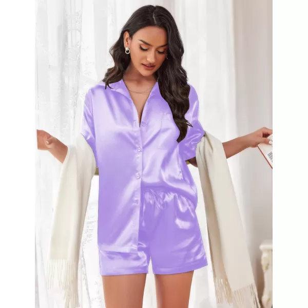 Ekouaer Pajamas for Women Silk Soft Sleepwear Short Sleeve Button Down Pjs Satin Top and Shorts 2 Piece Lounge Set SXXLLilac