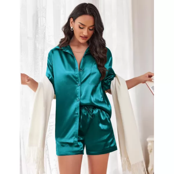 Ekouaer Pajamas for Women Silk Soft Sleepwear Short Sleeve Button Down Pjs Satin Top and Shorts 2 Piece Lounge Set SXXLPeacock Blue