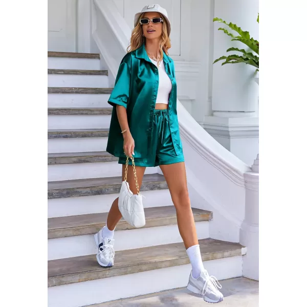 Ekouaer Pajamas for Women Silk Soft Sleepwear Short Sleeve Button Down Pjs Satin Top and Shorts 2 Piece Lounge Set SXXLPeacock Blue