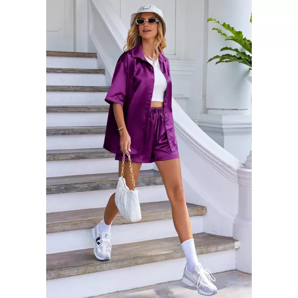 Ekouaer Pajamas for Women Silk Soft Sleepwear Short Sleeve Button Down Pjs Satin Top and Shorts 2 Piece Lounge Set SXXLPurple