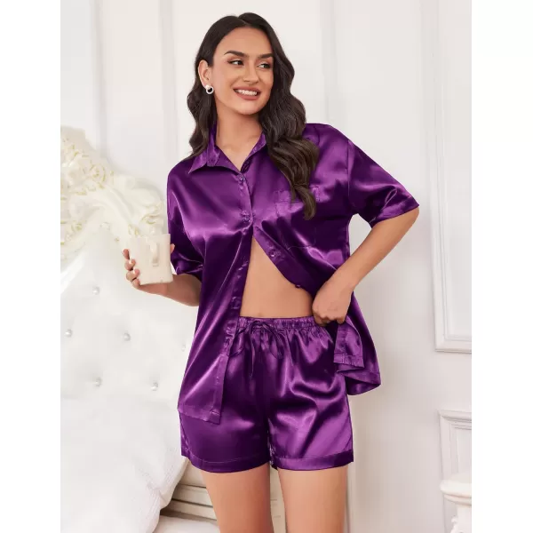 Ekouaer Pajamas for Women Silk Soft Sleepwear Short Sleeve Button Down Pjs Satin Top and Shorts 2 Piece Lounge Set SXXLPurple