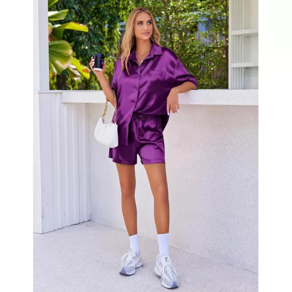 Ekouaer Pajamas for Women Silk Soft Sleepwear Short Sleeve Button Down Pjs Satin Top and Shorts 2 Piece Lounge Set SXXLPurple